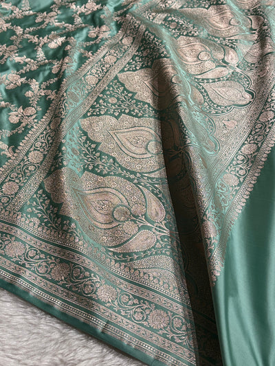 Sea Green Banarasi With Floral Jaal Pattern Mashru Silk Saree MSM-130