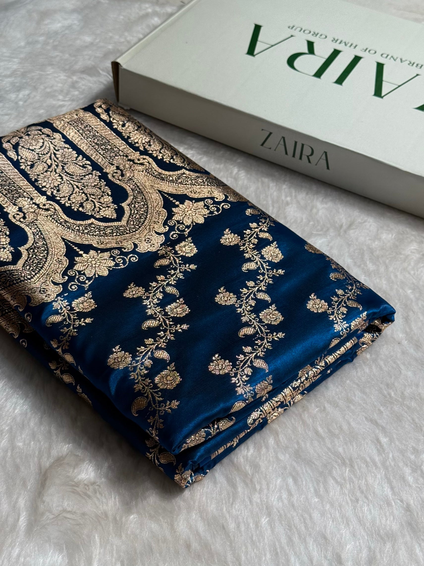 German Blue Shades Banarasi  Cross Jaal Satin Silk Saree SS11