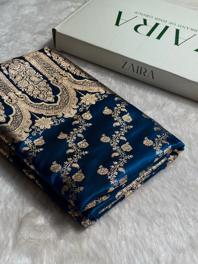 German Blue Shades Banarasi  Cross Jaal Satin Silk Saree SS11