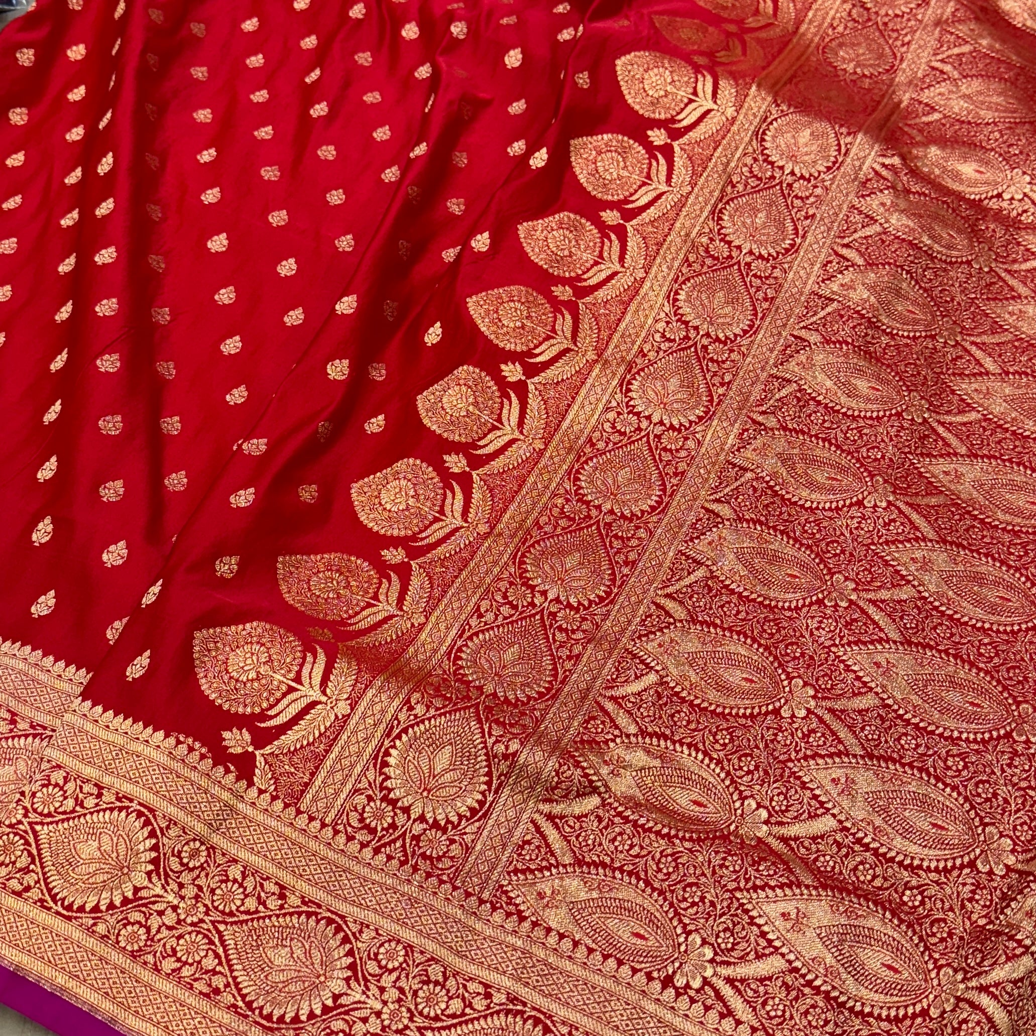 Cherry Red Booti Satin Katan Silk Saree