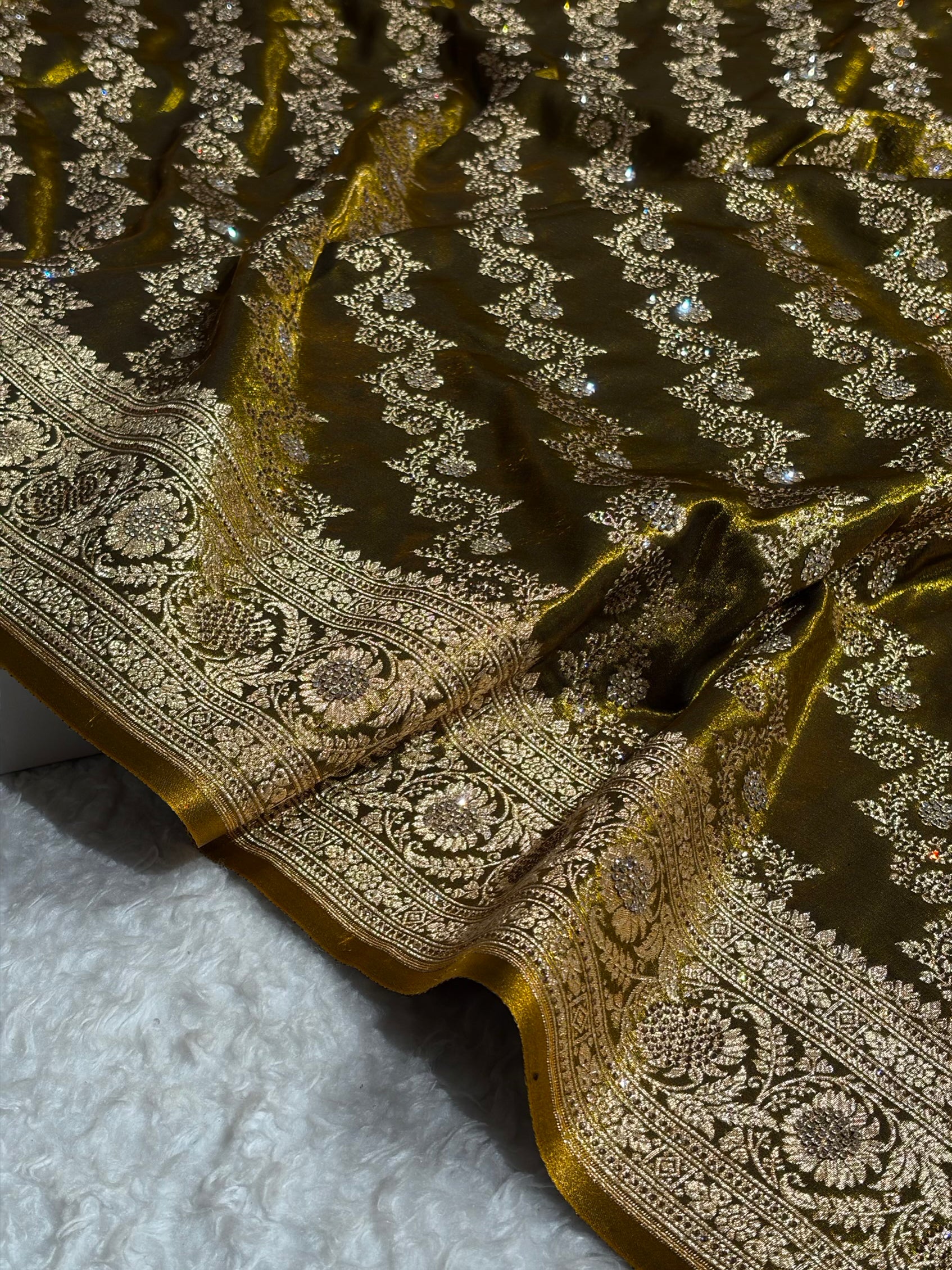 Banarasi Bridal Mehendi Shades With Swarovski Stone and White Stone Work Satin Silk Saree BSS32