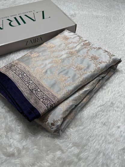 Contrast Navy- White Combination Jaal Mashru Silk Saree