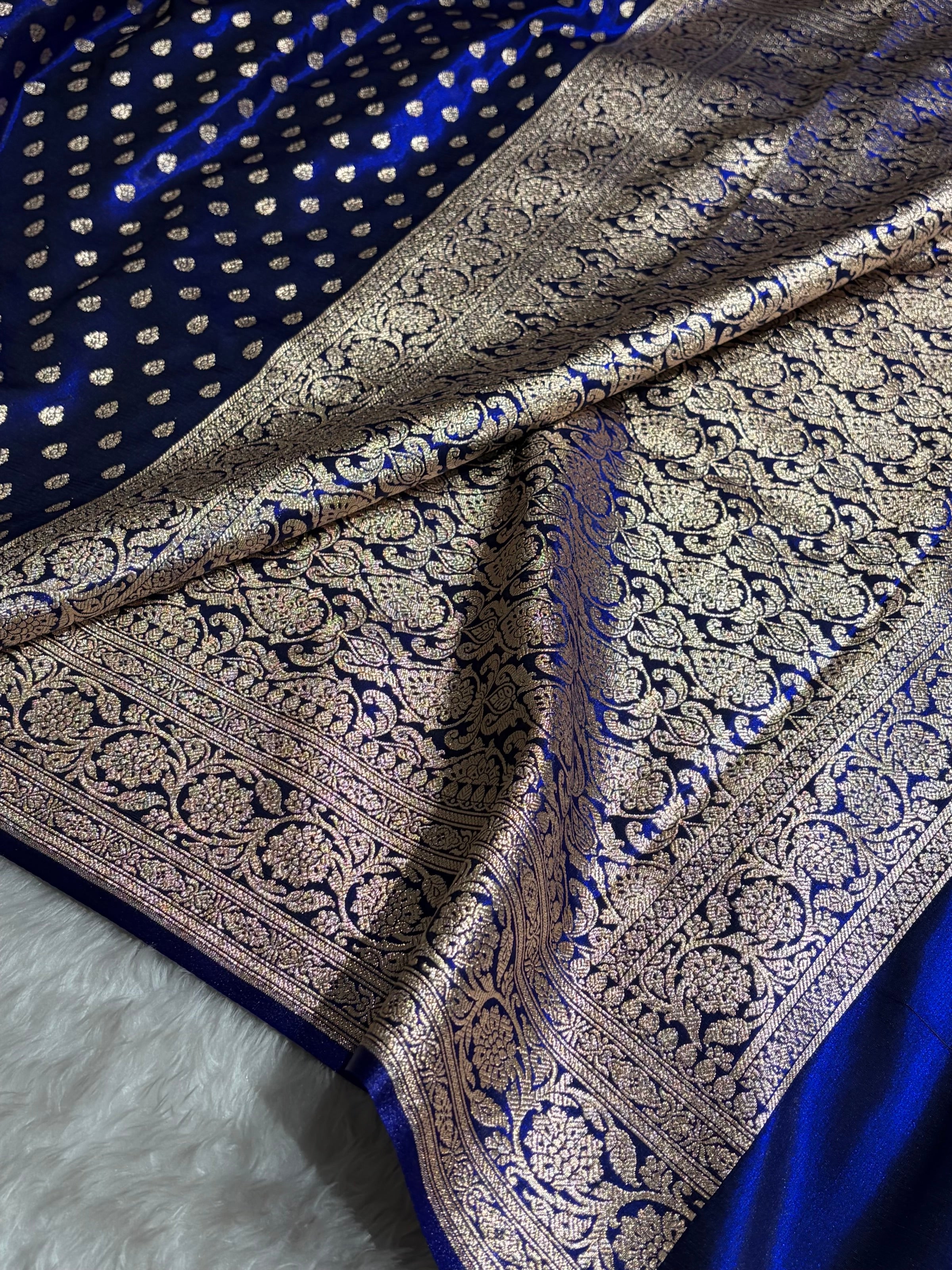 Dark Royal Blue Booti satin Silk Saree SS01