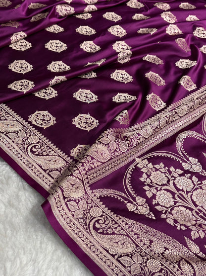 Banarasi Wine Shades Banarasi Boota Pattern Floral Mashru Silk Saree MSM-104