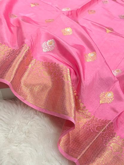 Banarasi Baby Pink Shades Meenakari Boota Handwoven Pure Katan Paper Silk RM-74