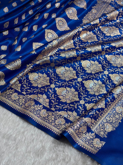 Banarasi Cross Royal Blue Shades Minakari Booti Pattern Banarasi Satin Silk Saree SS60