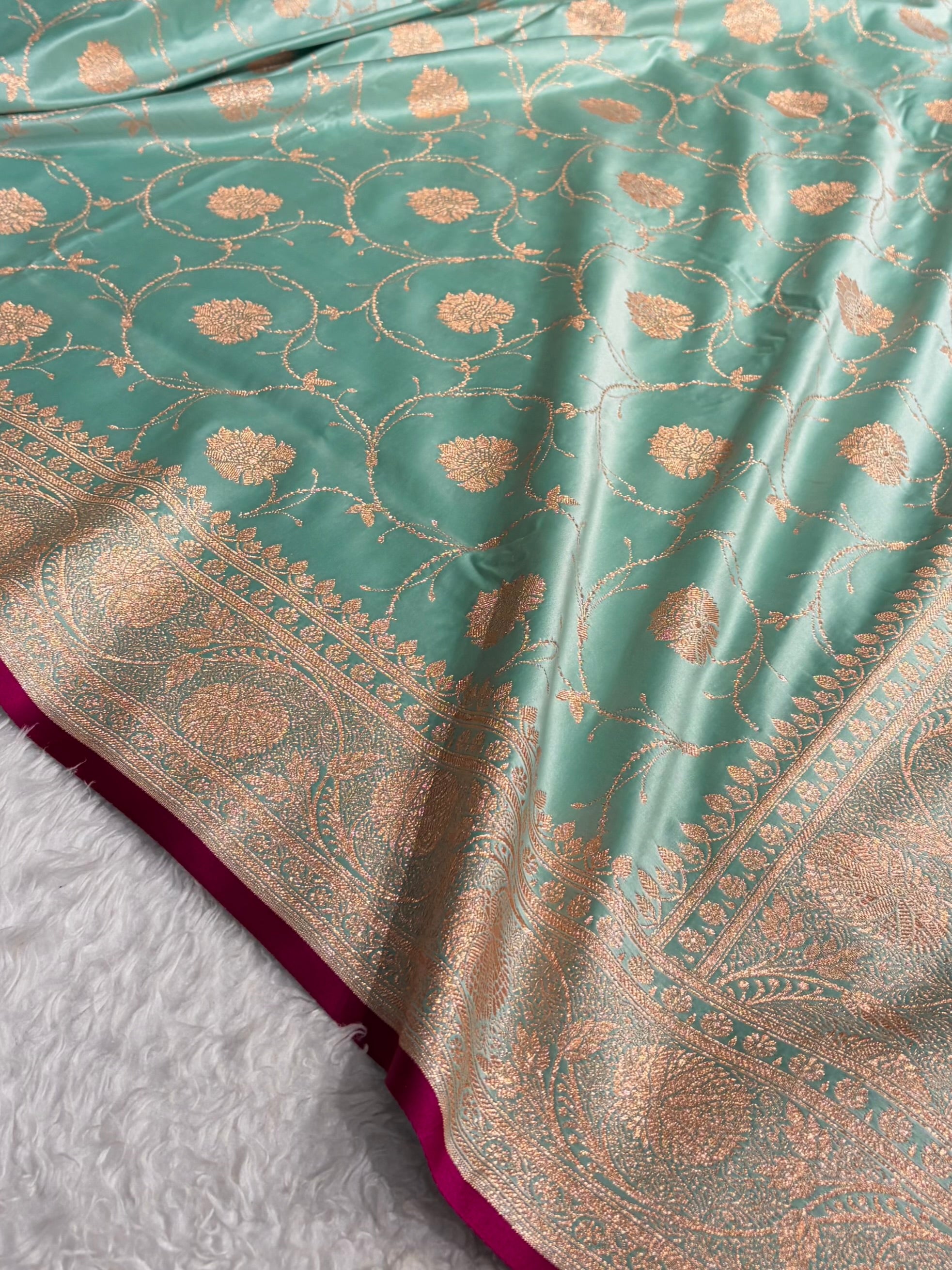 Sea Green Banarasi Jaal Satin Katan Silk Saree SK06