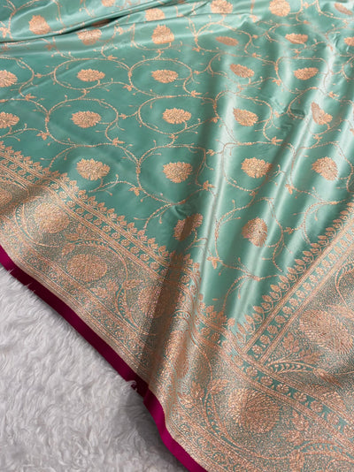 Sea Green Banarasi Jaal Satin Katan Silk Saree SK06