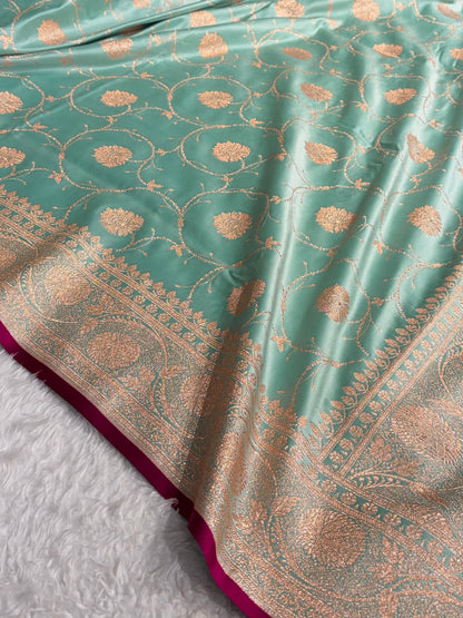Sea Green Banarasi Jaal Satin Katan Silk Saree SK06