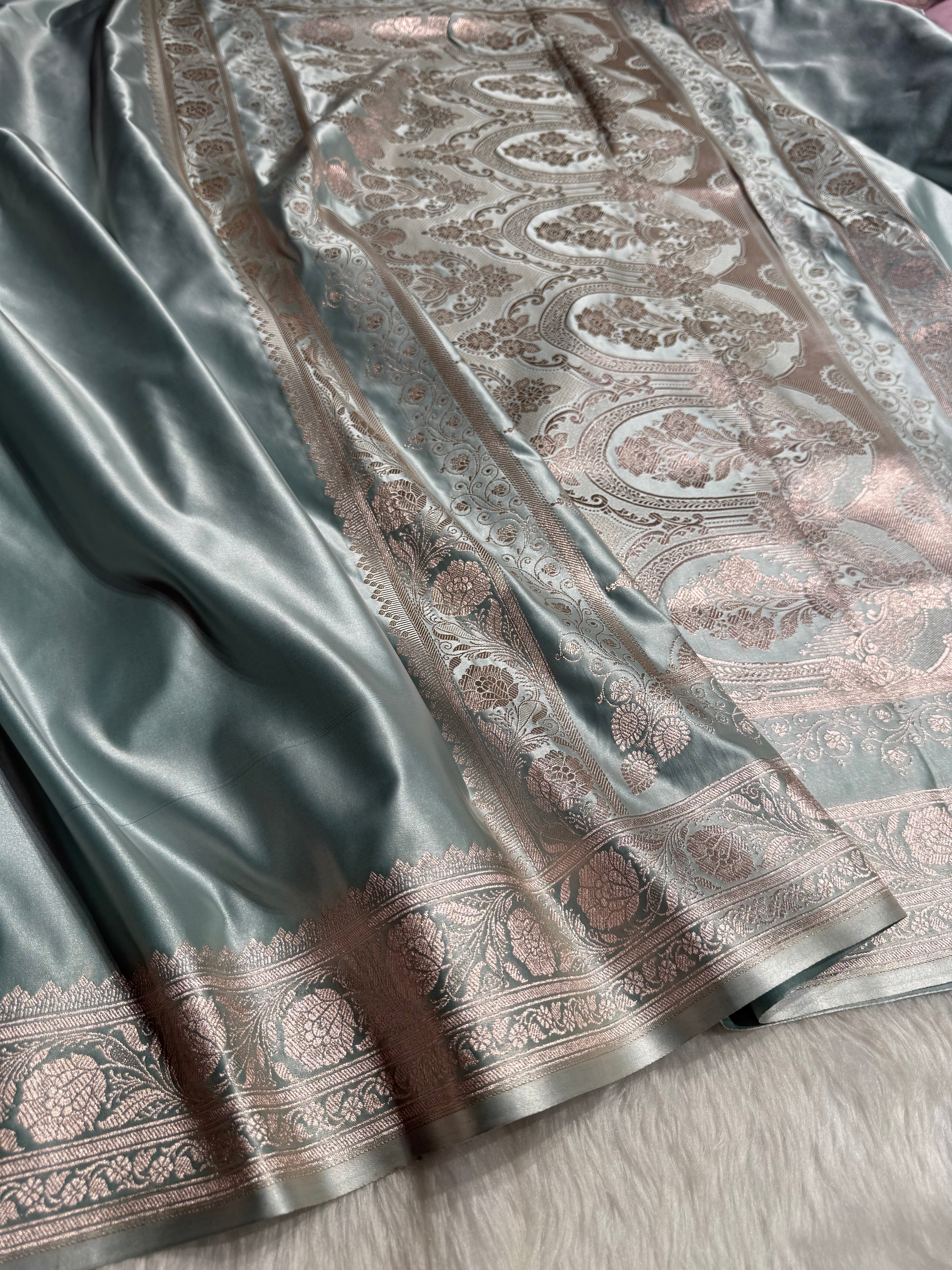 Dusty Sea Green Shades Plain Mashru Silk Saree