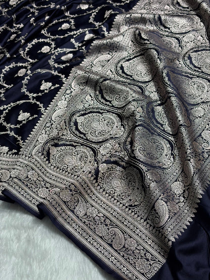 Banarasi Navy Blue Shades Jaal Mashru Silk Saree