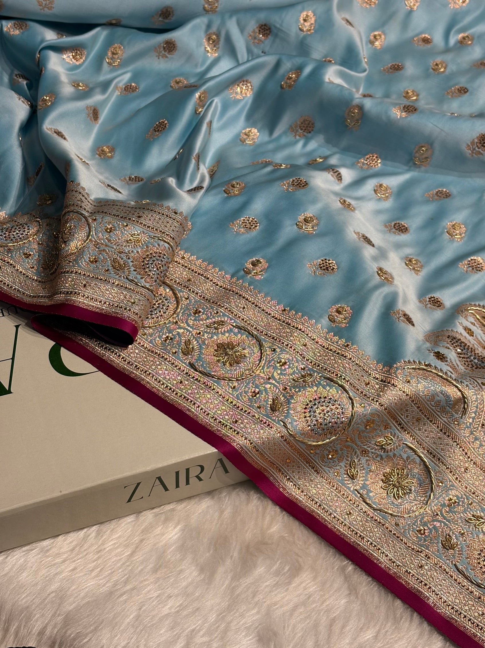 Sky Blue Shades Booti Katan Silk Saree with Stone & Zardozi Work BSK12