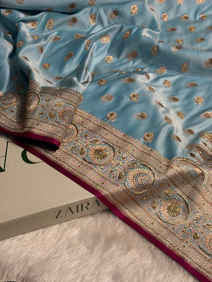 Sky Blue Shades Booti Katan Silk Saree with Stone & Zardozi Work BSK12