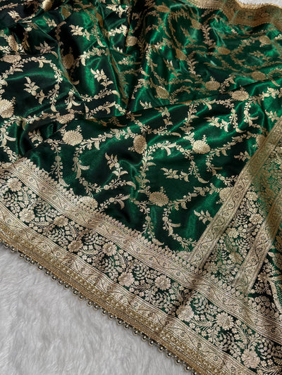 Bottle Green Banarasi Jaal Satin Silk Saree with gotta patti SSGP14