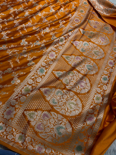 Banarasi Rust Orange Jaal With Minakari Pattern Mashru Silk Saree MCS56