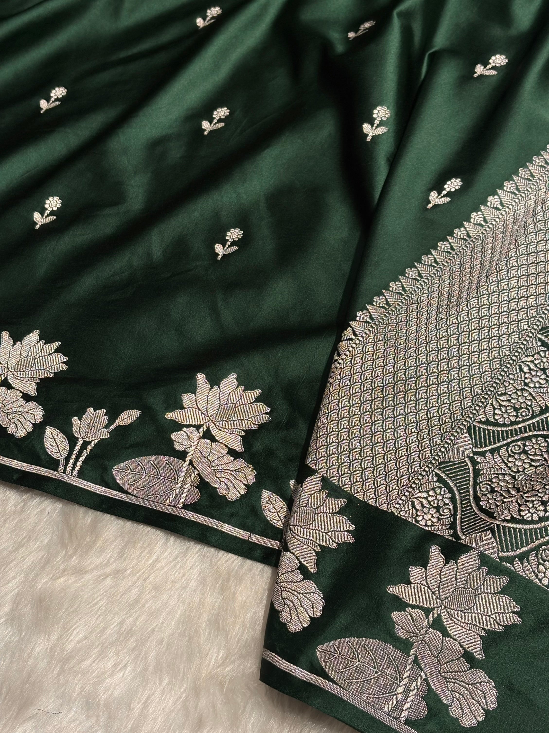 Dark Bottle Green Booti Motif Mashru Silk Saree