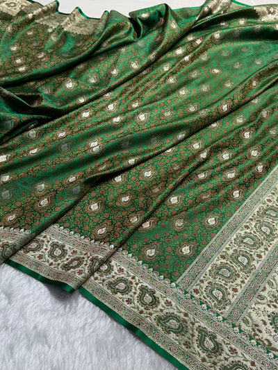 Bottle Green Jamawar Tanchoi With Minakari Jaal Katan Silk Saree SKTM-24