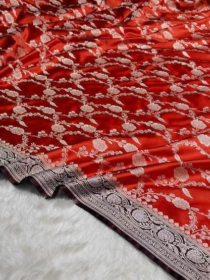 Contrast Orange With Garnet Shades Floral Jaal Pattern Mashru Silk Saree MS76