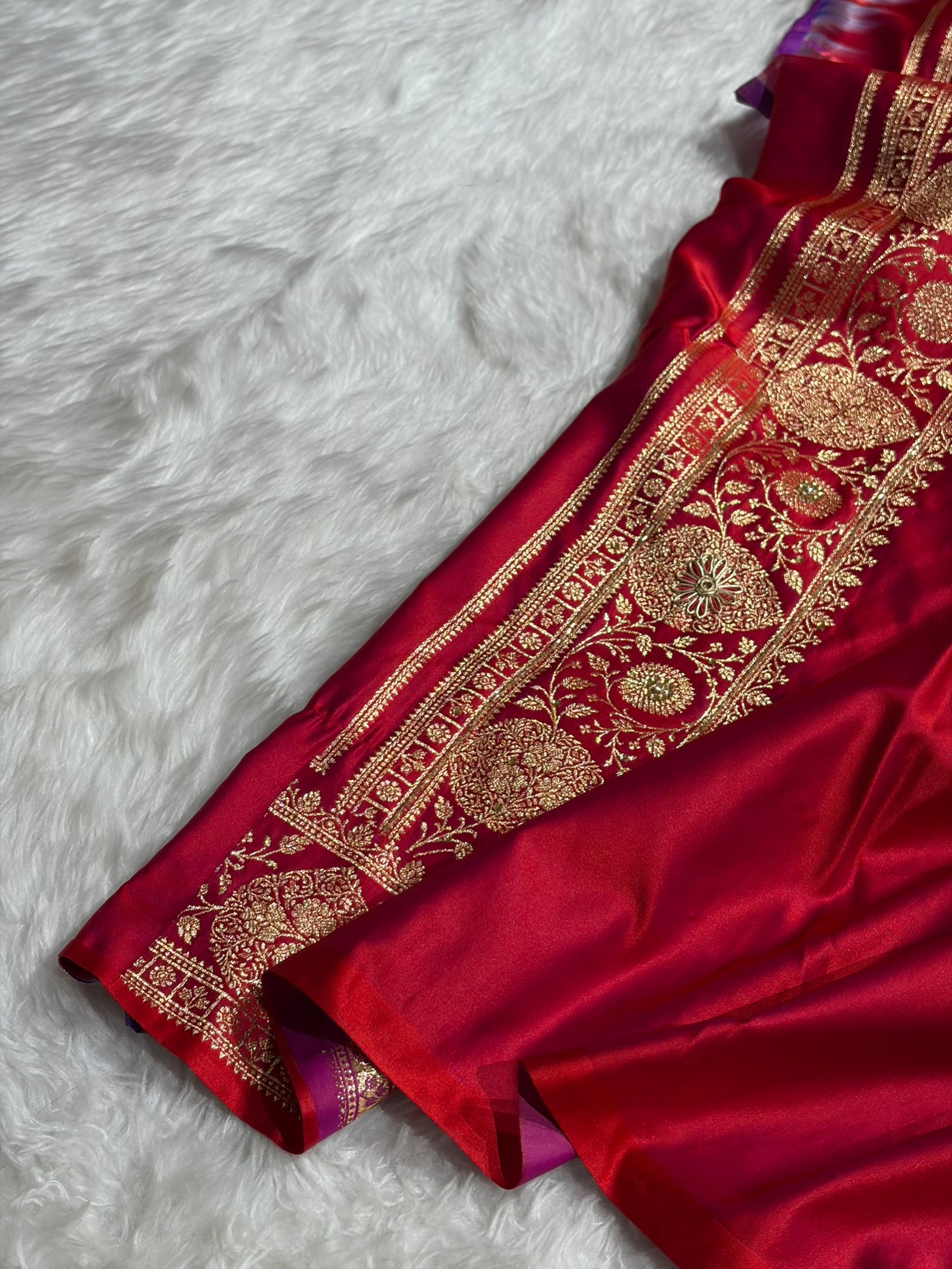 Banarasi Satin Katan Saree With Aari Zardozi Work Boota in Cross Red Shades BSK98