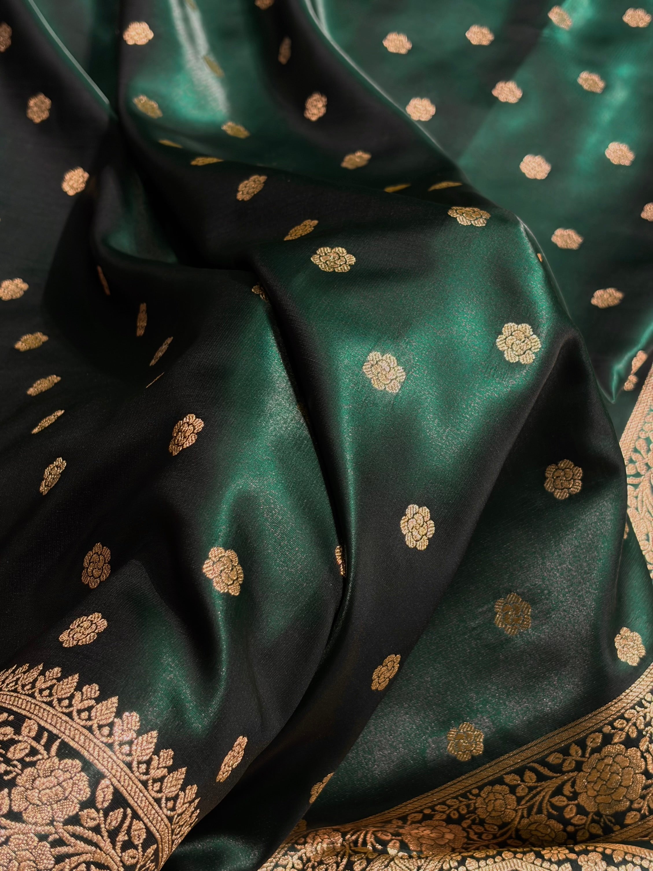 Banarasi Dark Bottle Green Shades Booti Pattern Banarasi Satin Silk Saree SS63