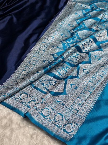 Contrast Navy Blue with Firozi Border Plain Mashru Silk Saree MS22