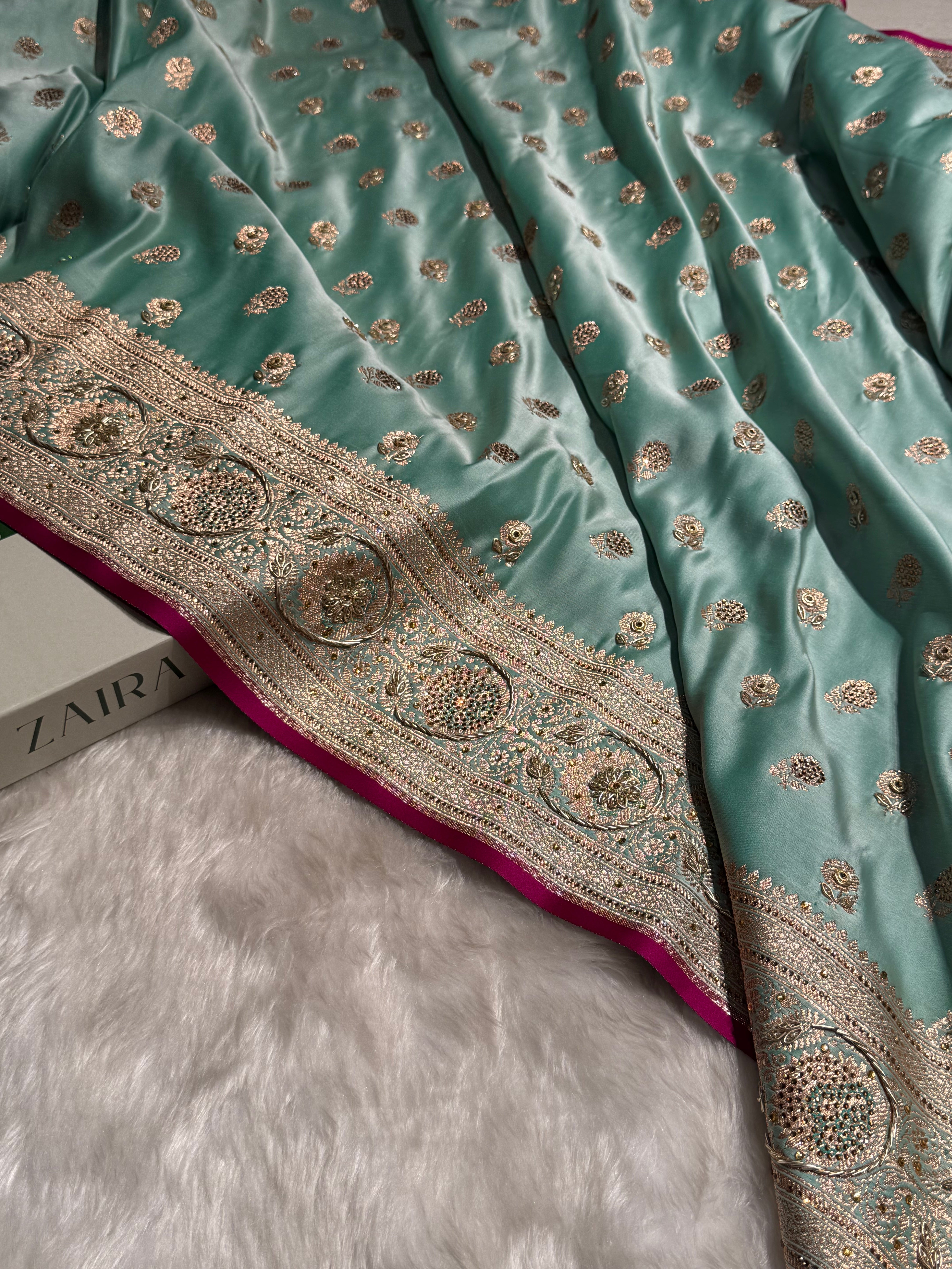 Sea Green Shades Booti Katan Silk Saree with Stone & Zardozi Work BSK12