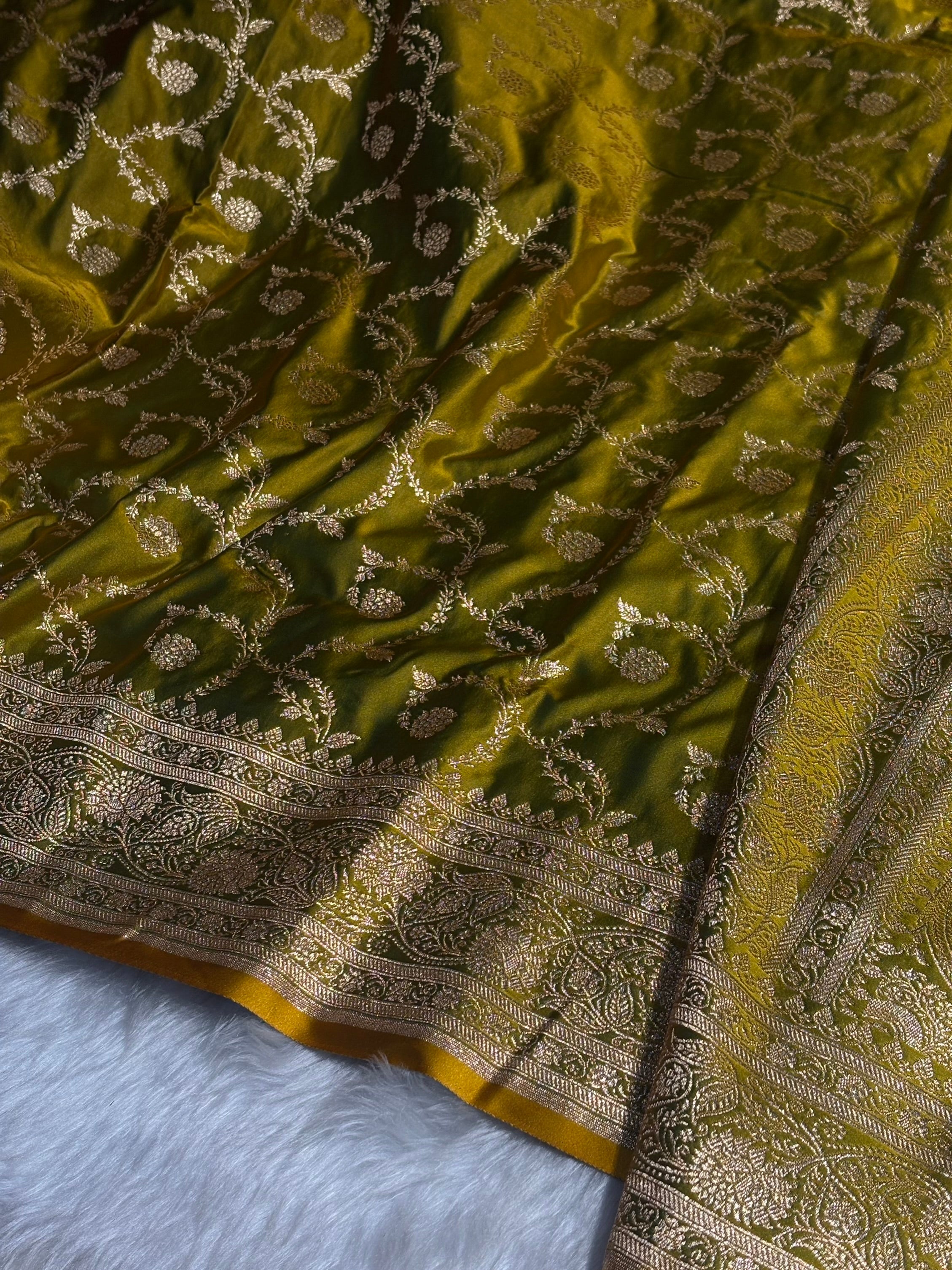 Liril Green Floral Jaal Pattern Satin Katan Silk saree SK55
