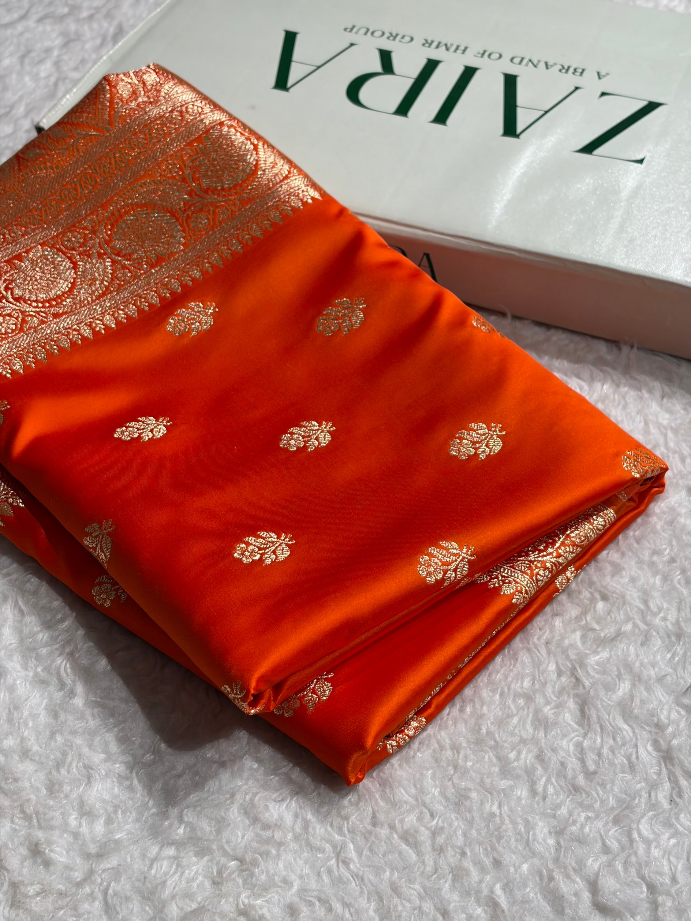 Fanta Orange Floral Boota Pattern Satin Katan Silk Saree SK71