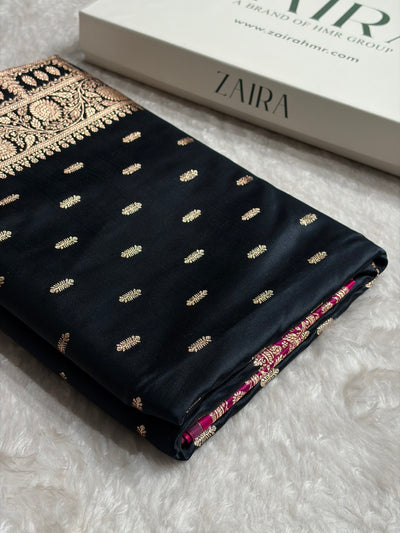 Contrast Black/ Rani Floral Booti Banarasi Satin Katan Silk Saree SK14