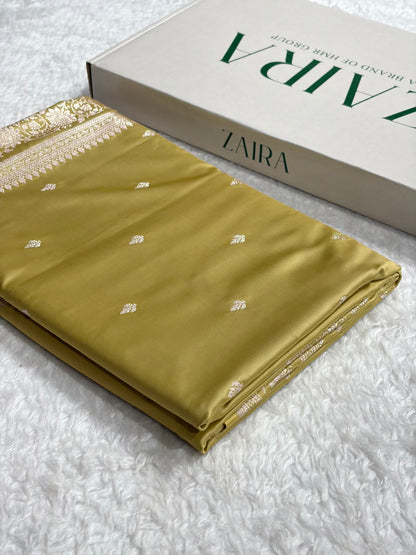 Banarasi Light Pista Boota With Floral Border Mashru Silk Saree