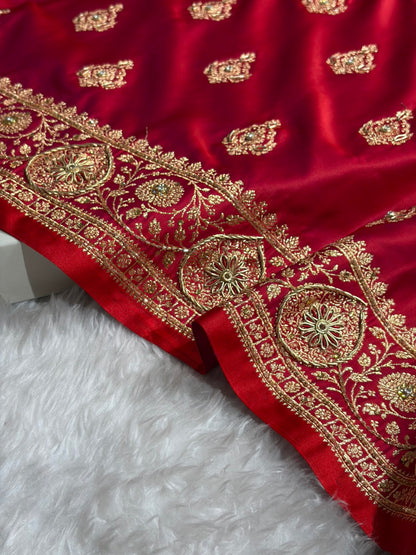 Banarasi Satin Katan Saree With Aari Zardozi Work Boota in Cross Red Shades BSK98