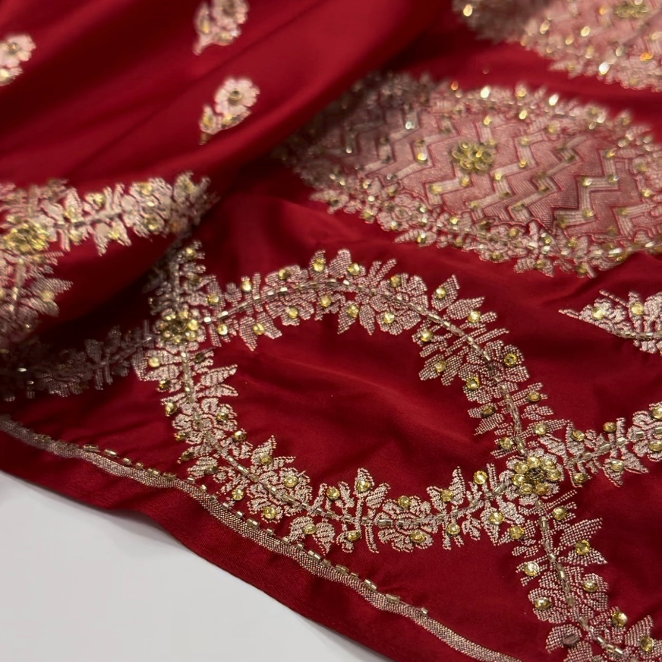 Red Mashru Scallop Silk with Ari and Stone