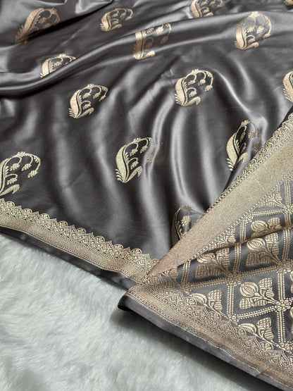 Dusty Gray Shades Unique Boota Motif Mashru Silk Saree MS12