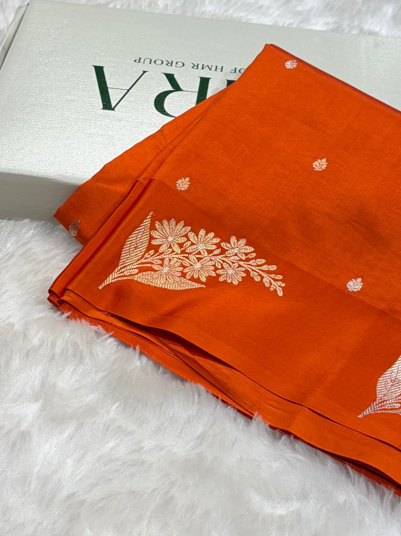 Banarasi Orange Shades Meena Boota Handwoven Pure Katan Paper Silk RM-73