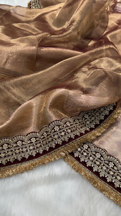 Brown Shade Pure Tissue Silk Saree with Gotta Patti PTGP8