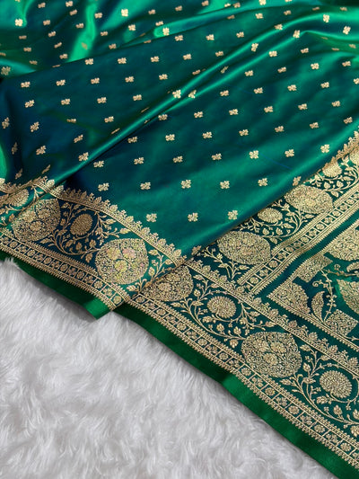 Banarasi Satin Katan Saree With Boota in Cross Green Shades SK117