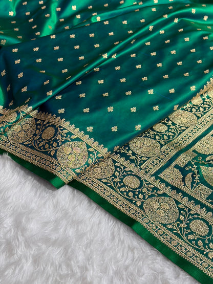 Banarasi Satin Katan Saree With Boota in Cross Green Shades SK117