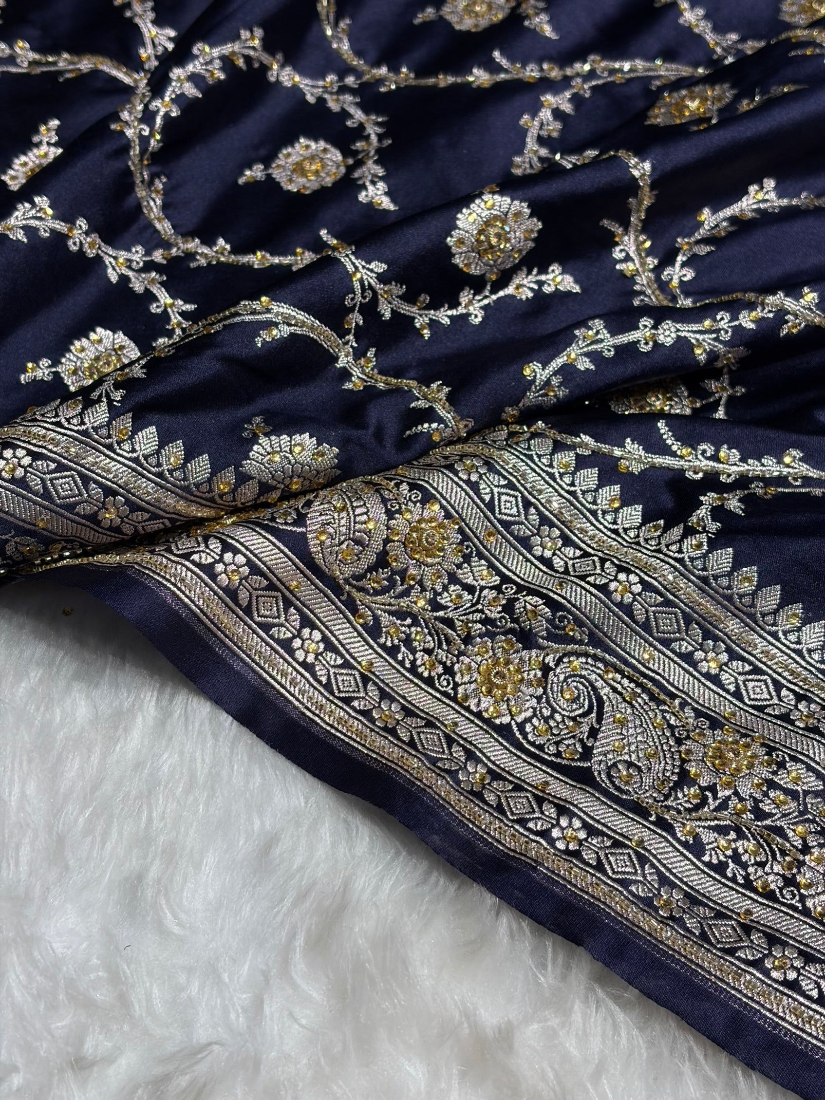 Banarasi Navy Blue Shades Jaal Mashru Silk Saree With Ari Stone Work BMS44
