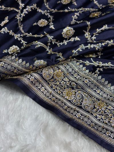 Banarasi Navy Blue Shades Jaal Mashru Silk Saree With Ari Stone Work BMCS44
