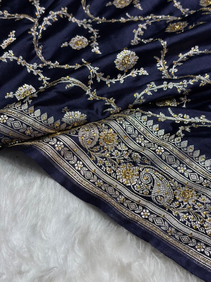 Banarasi Navy Blue Shades Jaal Mashru Silk Saree With Ari Stone Work BMS44