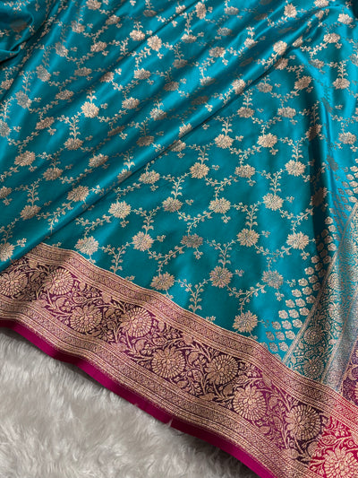 Banarasi Satin Katan Saree Contrast Firozi / Rani Shades SK132