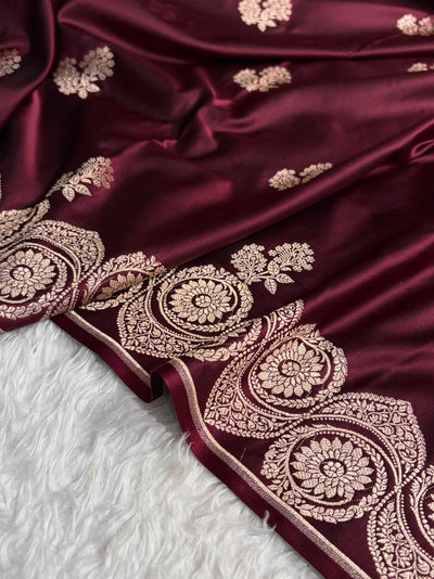 Garnet Shades Banarasi Boota Pattern Floral Mashru Silk Saree MSM-110