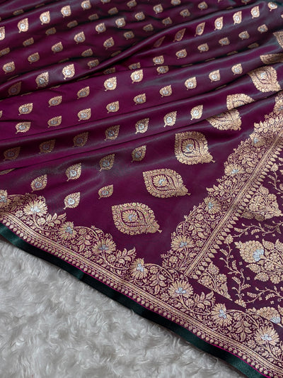 Banarasi Cross Wine Shades Minakari Booti Pattern Banarasi Satin Silk Saree SS60