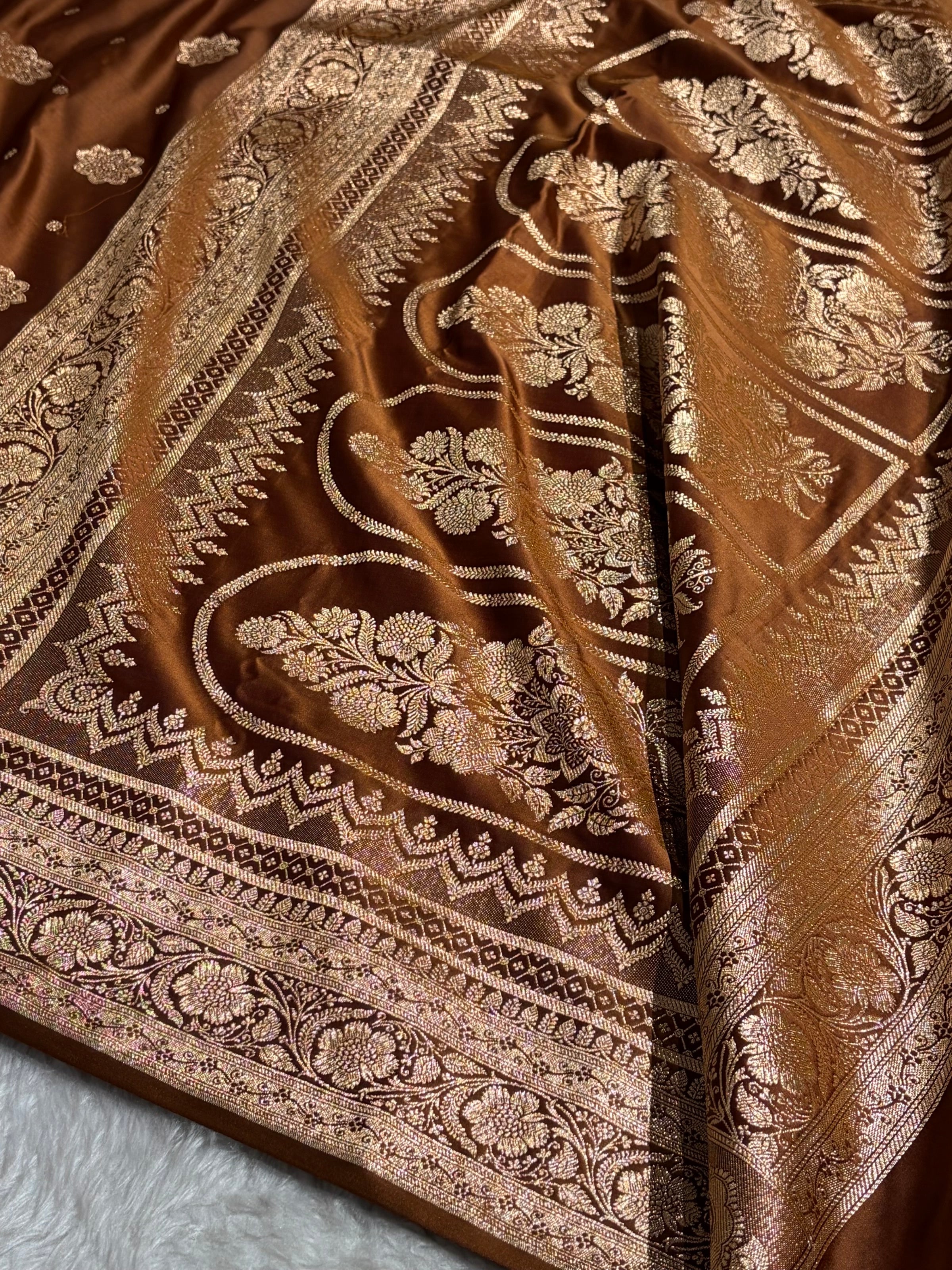 Banarasi Satin Katan Saree Floral Boota Pattern in Coffee Brown Shades SK146