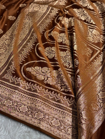 Banarasi Satin Katan Saree Floral Boota Pattern in Coffee Brown Shades SK146