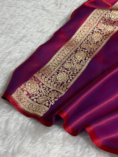 Banarasi Reddish Purple Satin Silk Saree with Gota Patti SSGP15