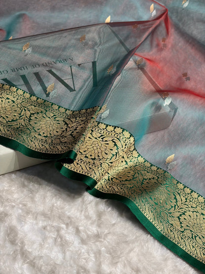 Contrast Pure Banarasi Organza Reddish Rama With Bottle Green Floral Banarasi Silk Saree PO-12