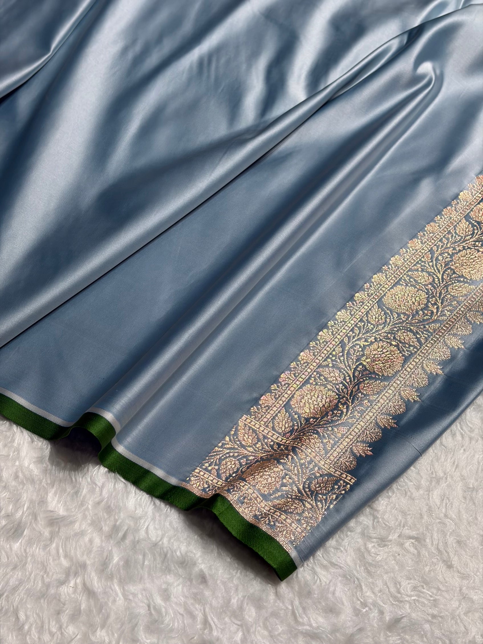 Banarasi Pastel German Blue Shades Booti Satin  Katan Silk Saree SK09