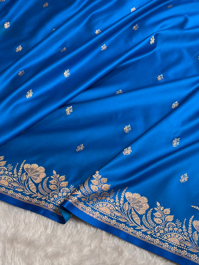 Banarasi Satin Katan Saree Floral Border Pattern in Blue Shades SK143