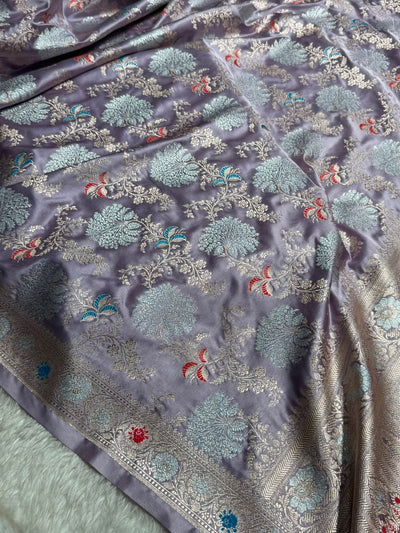 Banarasi Floral Minakari Jaal Pattern in Dusty Lavender Shades Floral Mashru Silk Saree MCS100